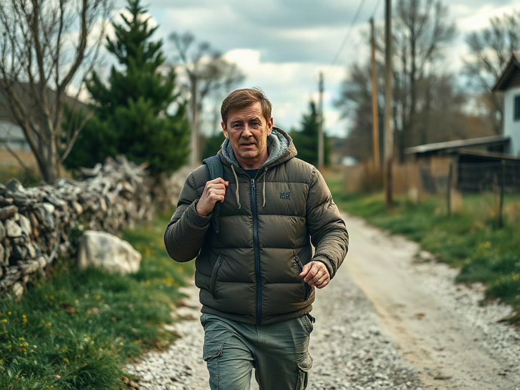 На фото мужчина в утепленной куртке идет по gravel-дороге среди деревьев и домов. Погода облачная.